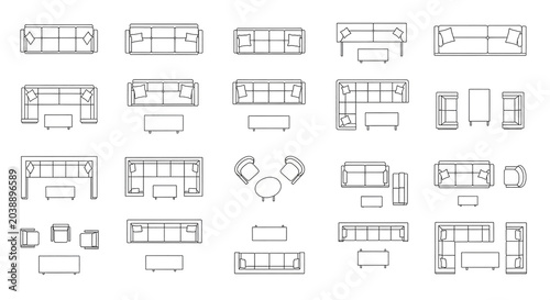 Set of living room furniture top view icons for architectural planning