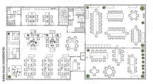 Detailed office layout floor plan with workstations and meeting areas