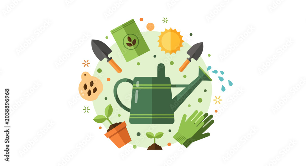Obraz premium Flat Vector Gardening Icons and Tools Illustration for Horticulture and Plant Care Design