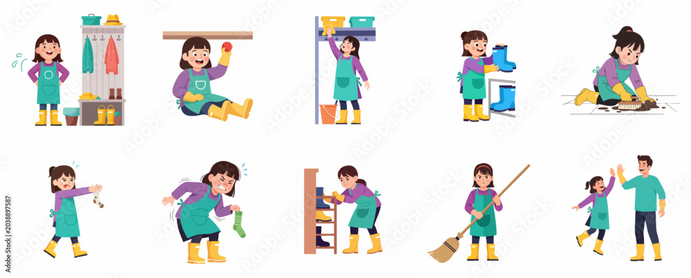 Fototapeta premium Little Girl Doing Housekeeping Chores Set, Child Cleaning and Organizing at Home Vector Illustration