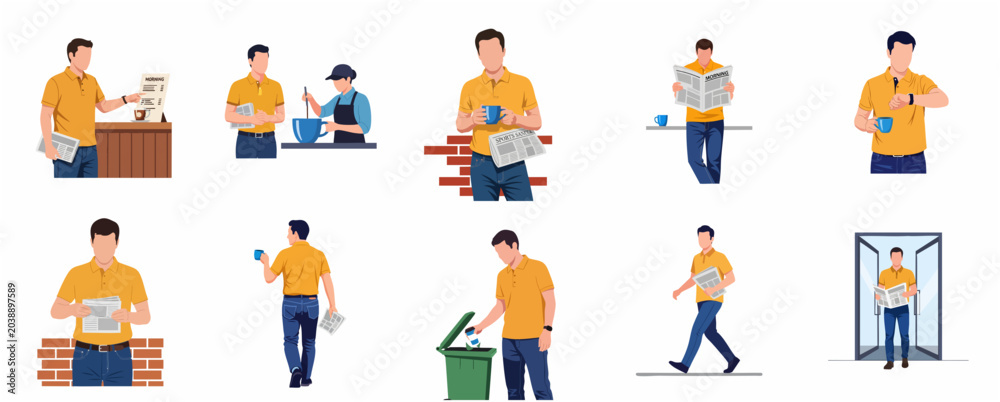Fototapeta premium Set of Flat Vector Illustrations Depicting a Man's Morning Routine with Coffee and Newspaper