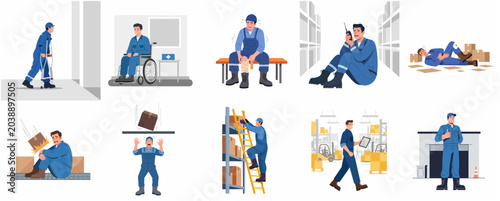 Cuadro en lienzo Warehouse worker workplace accidents and safety insurance concept illustrations