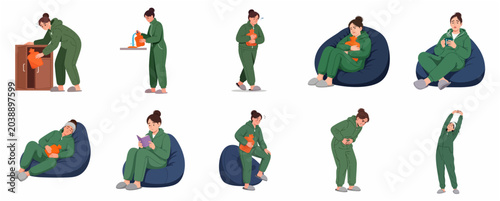 Konstfotografi Character Set of Woman Experiencing Period Pain and Using Hot Water Bottle for C