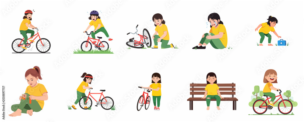 Fototapeta premium Vector illustration set of a little girl falling off her bike, getting a scraped knee, receiving first aid, and learning to ride successfully