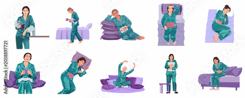 Canvas-taulu Set of Flat Vector Illustrations of a Woman in Pajamas Suffering from Menstrual