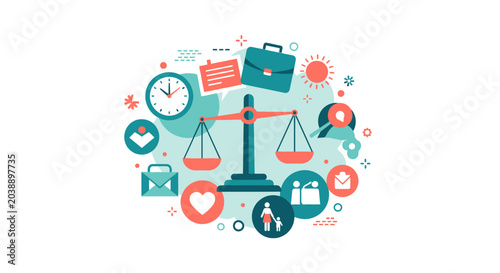 Work Life Balance Illustration with Scale, Family, and Business Icons. Flat Vector Concept for Time Management, Mental Health, and Professional Growth.