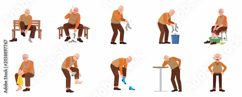 Fotografie Vector character set of an elderly man dealing with foot odor, smelly socks, and fungal infection, showing various foot care routines, hygiene treatments, and relief on white background