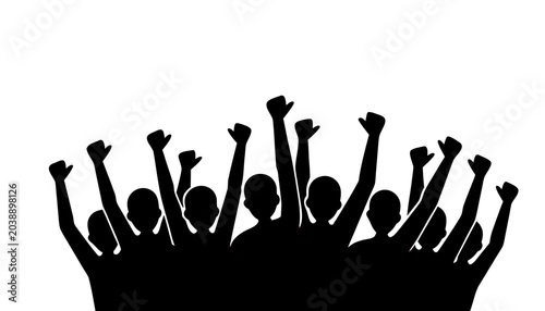 Cheering Crowd Silhouette with Hands Raised, Celebrating Audience Vector Illustration Isolated on White Background