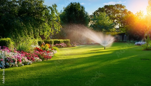 lush green garden with vibrant flowers and an automatic sprinkler system watering the lawn during a sunny afternoon