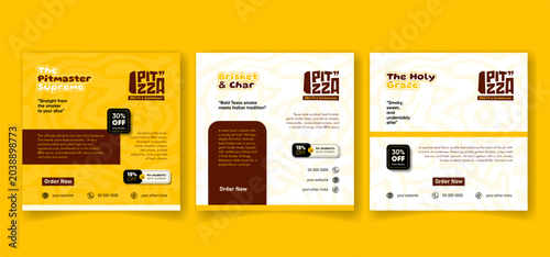 Set of social media post template in white and yellow background for pizza food advertising campaign