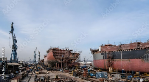 Abandoned Ships in Foggy Harbor Industrial Maritime Scene