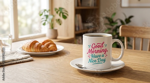 Warm morning scene with motivational coffee mug and fresh croissants on wood table