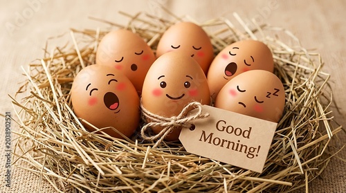 Smiling and Sleepy Eggs with Cute Faces in Nest Saying Good Morning