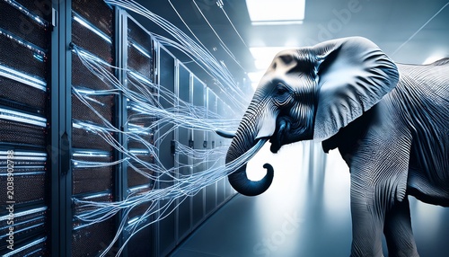 an elephant peers curiously at the intricate network of cables and servers in data center
