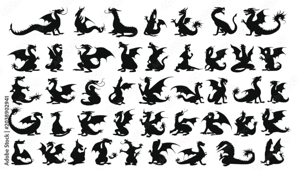 Obraz premium Dragon silhouettes in various poses are displayed in a grid pattern on a clean white background for creative design projects.