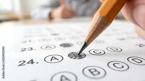 Close-up of Pencil Marking Answer on Multiple Choice Test Sheet in Classroom Setting