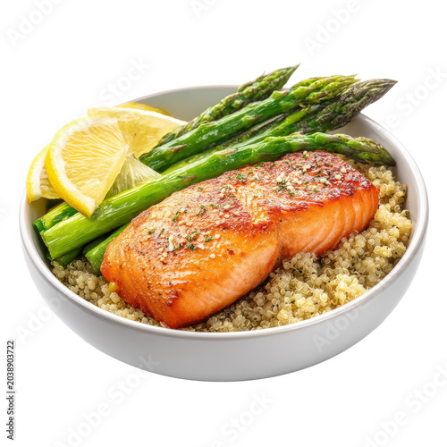 Grilled salmon fillet with fresh asparagus and quinoa in a ceramic bowl isolated on a transparent background showcasing a balanced healthy meal prep dining concept for nutrition