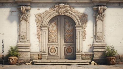 A photo of a vintage stone doorway with decorative trims