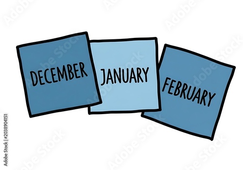 Three blue sticky notes with months december january february calendar