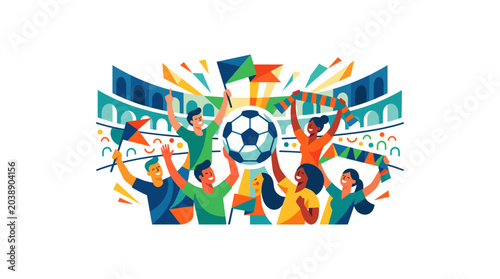 Celebrating fans watching soccer match on tv