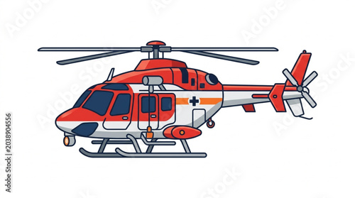 Schilderij op canvas Red and white medical helicopter with rotor blades.