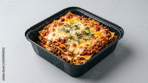 Lasanha, Fresh baked beef lasagna served in rectangular black takeout container