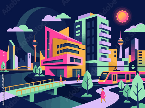 Konstfotografi Modern Cityscape Vector Illustration with Colorful Buildings, Tram, and Urban Li