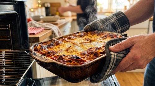 Lasanha, Person taking a hot tray of fresh baked lasagna out of the oven with homemade