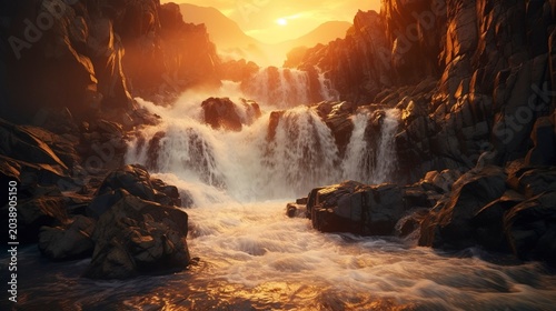 A photo of a waterfall at sunset, glowing in golden light.