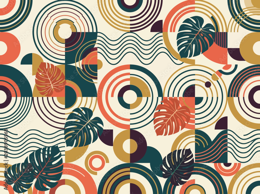 Fototapeta premium Modern Geometric Seamless Pattern with Monstera Leaves, Abstract Mid-century Tropical Background for Textile and Wallpaper Design