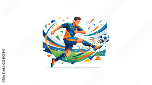 Soccer player kicking colorful ball with dynamic background