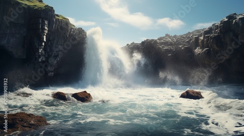 A photo of a waterfall crashing against rocks in the ocean.
