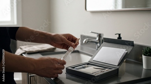 health diagnostics, a bathroom scene with a fecal microbiome test kit on a counter, hands reaching