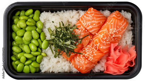 Fresh raw salmon slices served with steamed rice edamame and pickled ginger in a bento box isolated on transparent background for professional sushi restaurant menu and healthy food display