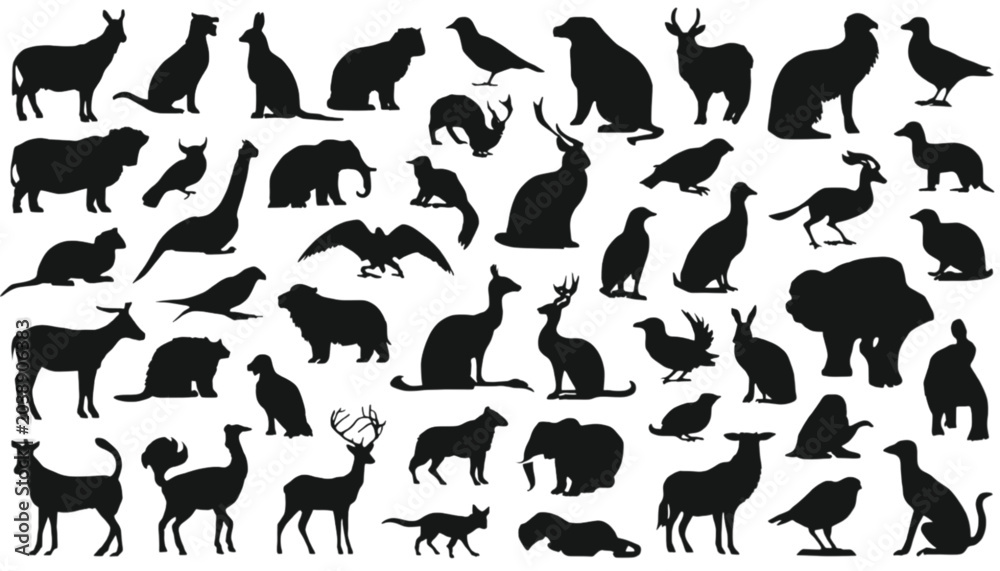 Obraz premium Animals presented as a collection of black silhouettes demonstrate a wide variety of wildlife species including mammals, birds, and reptiles arranged on a clean white background for graphic design.