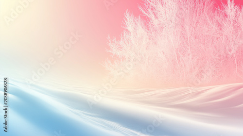 Soft winter landscape with pink sky - frosted trees, abstract background, magical atmosphere