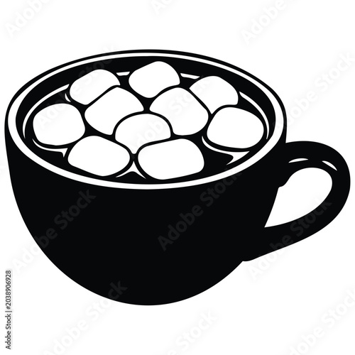 Hot chocolate mug vector silhouette illustration line art with marshmallows, warm winter drink.