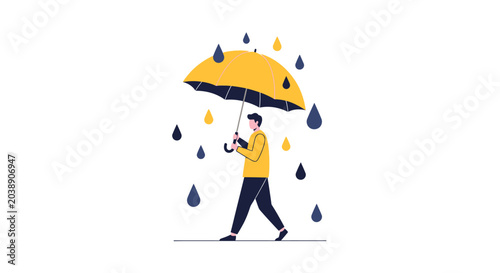 Flat Vector Illustration of a Man Walking with a Yellow Umbrella in the Rain for Insurance, Protection, and Security Concept