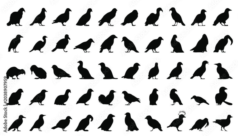 Fototapeta premium Birds shown as a vast assortment of various avian silhouettes featuring different wing shapes and perching positions arranged in a clean grid for use in professional graphic layouts.