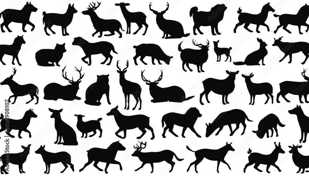 Obraz premium Animals displayed as a diverse assembly of wild forest inhabitants and mammalian silhouettes organized systematically to provide a versatile library of shapes for creative visual communication.