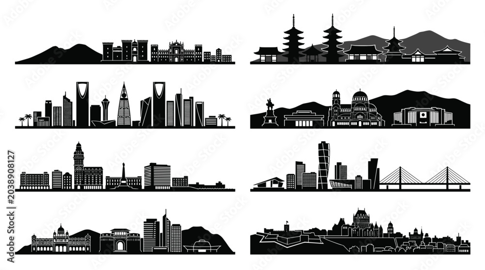 Obraz premium Regional City Skyline Silhouettes Collection Featuring Asian and Middle Eastern Urban Landmarks in Flat Vector Style