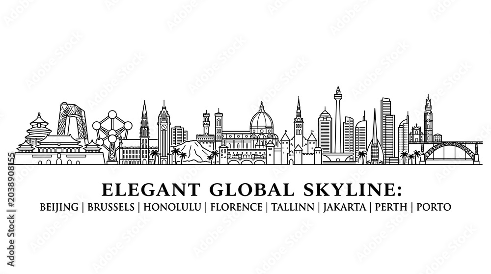 Obraz premium Elegant International Skyline Panorama Featuring Historic and Modern City Landmarks in Minimal Line Art Style