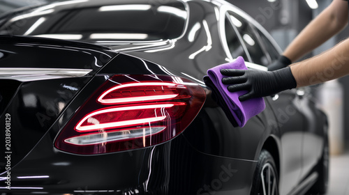 Car detailing worker polishing black vehicle rear with microfiber cloth, professional auto care concept, ceramic coating, paint protection, luxury car maintenance, cleaning service