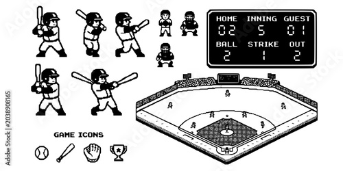 Bild auf Leinwand Retro Baseball Pixel Game Black White-Batter Sprite Scoreboard Outfield-Retro Sp
