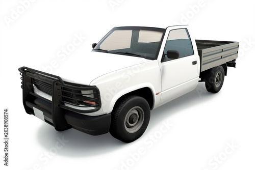 Premium 3D render of a generic white commercial flatbed pickup truck featuring a black steel bullbar bumper, isolated on white.