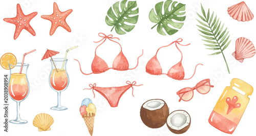 Summer beach vacation tropical elements and swimwear illustration