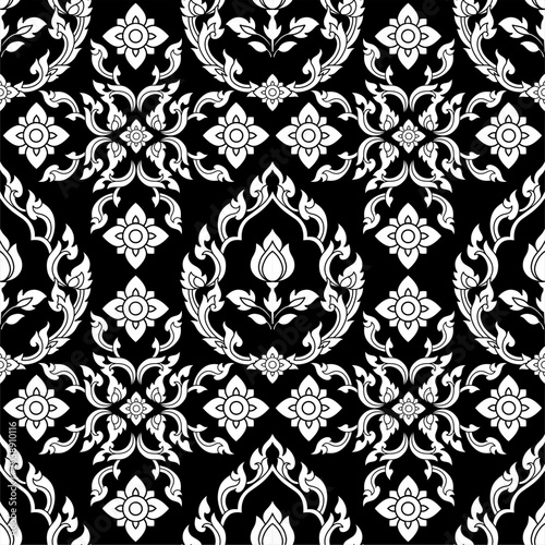 Luxury seamless Thai traditional pattern with white kanok ornaments on black background