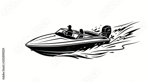Foto Modern motorboat speeding across the water creating waves.