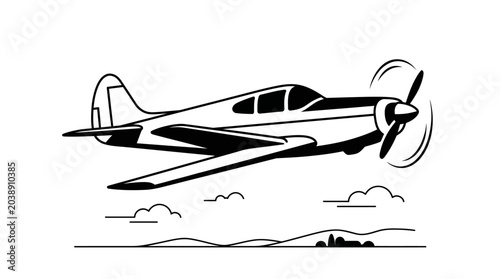 Photos Vintage propeller airplane flying through clouds line art.
