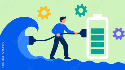 Fényképezés Man connecting a massive ocean wave to a giant battery, symbolizing the innovati